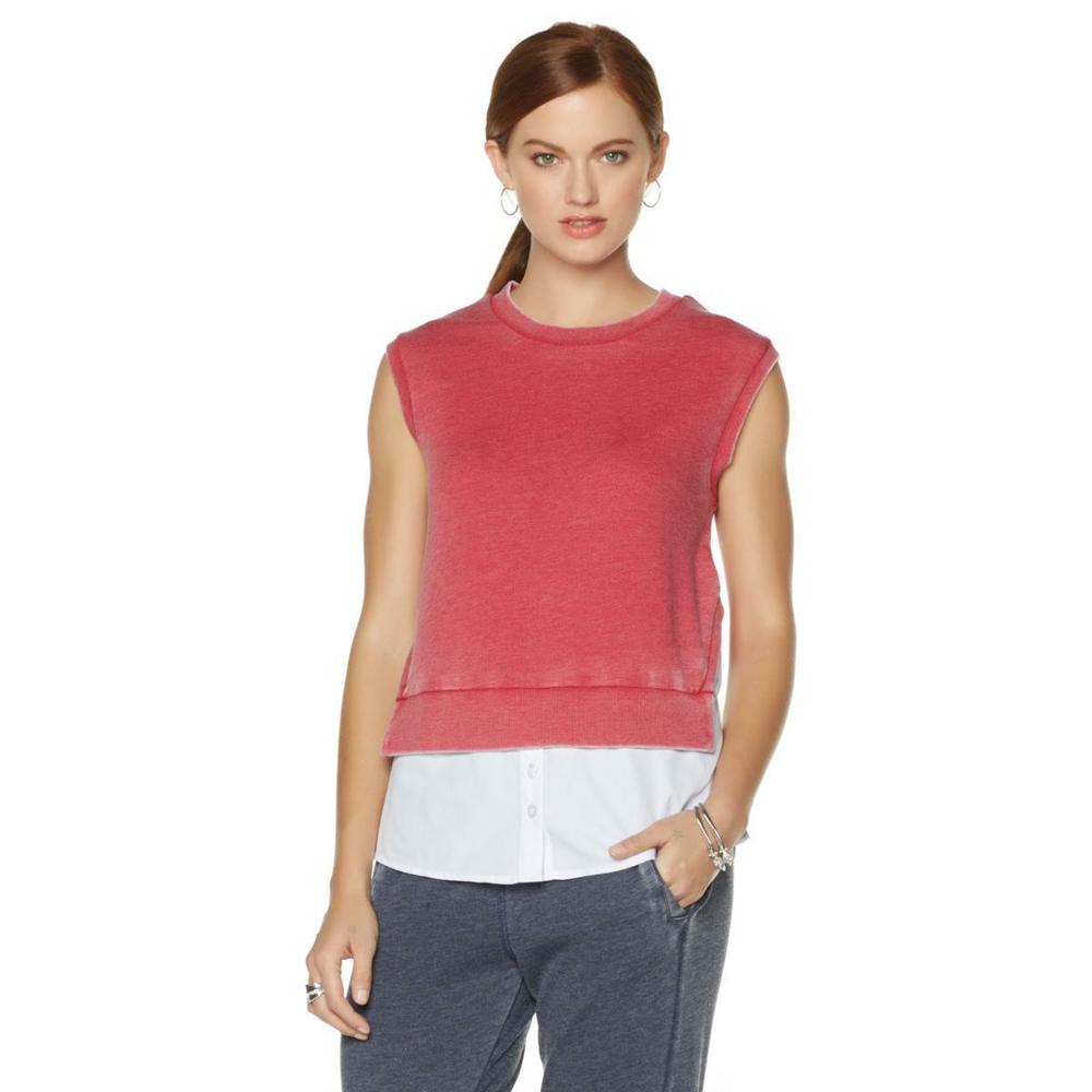Wendy Williams Women's Burn-wash Top and Poplin Tank Top Red X-Small Size HSN